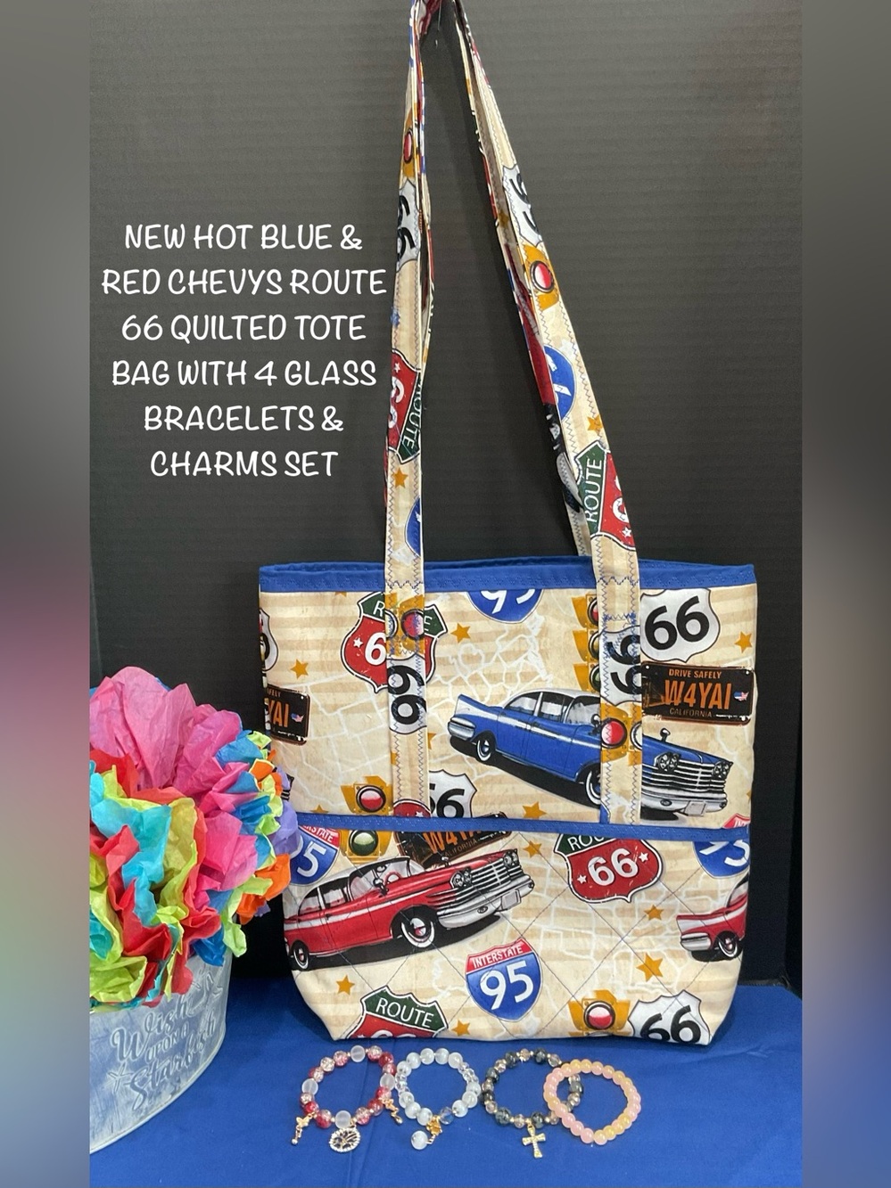 New Quilted Route 66 57 Chevy Cars Handmade Tote Bag with 4 Glass Bracelet Set